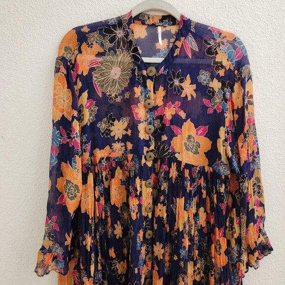 Free People Purple Floral Pleated Sheer Button Up Blouse Tunic Top Dress sz XS - Picture 2 of 12